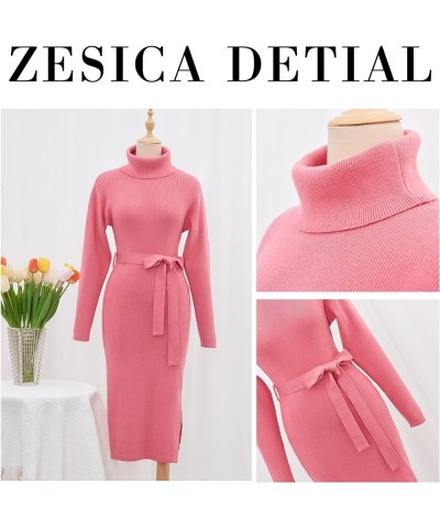 Women's Turtleneck Sweater Midi Dress Long Sleeve Ribbed Knit Bodycon Slit Dress with Belt Rose $23.86 Sweaters