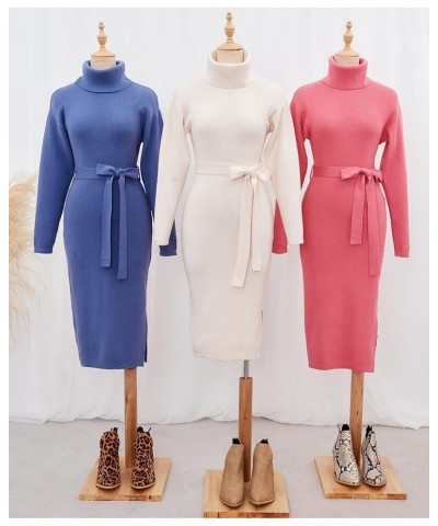 Women's Turtleneck Sweater Midi Dress Long Sleeve Ribbed Knit Bodycon Slit Dress with Belt Rose $23.86 Sweaters