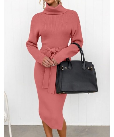 Women's Turtleneck Sweater Midi Dress Long Sleeve Ribbed Knit Bodycon Slit Dress with Belt Rose $23.86 Sweaters