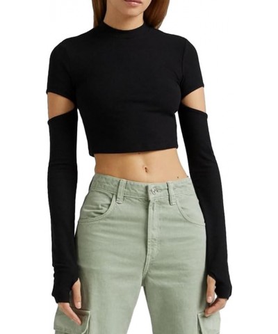 Tight Long Sleeve Shirts for Women Casual Sexy Basic Tee Going Out Streetwear Solid Color Y2K Fitted Crop Top Black-thumb Hol...