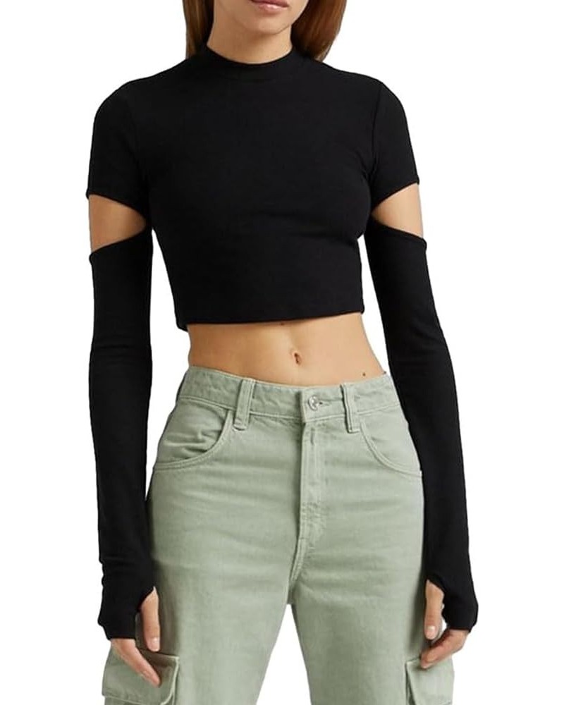 Tight Long Sleeve Shirts for Women Casual Sexy Basic Tee Going Out Streetwear Solid Color Y2K Fitted Crop Top Black-thumb Hol...