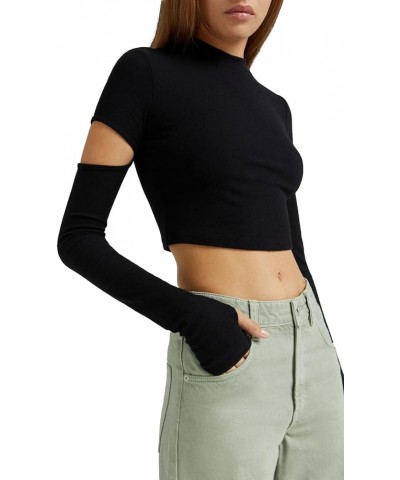 Tight Long Sleeve Shirts for Women Casual Sexy Basic Tee Going Out Streetwear Solid Color Y2K Fitted Crop Top Black-thumb Hol...