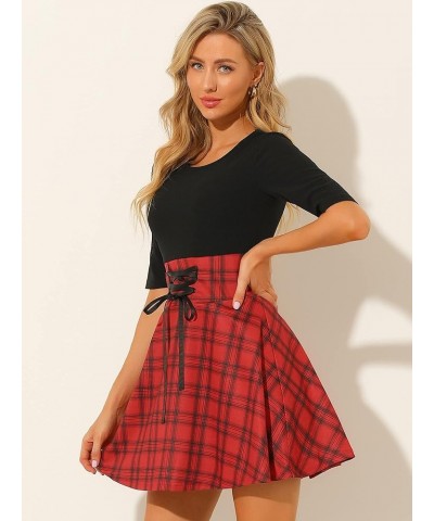 Women's 2023 Valentine's Day Plaid Stitching Round Neck Half Sleeve A-Line Mini Dress Black $14.40 Dresses