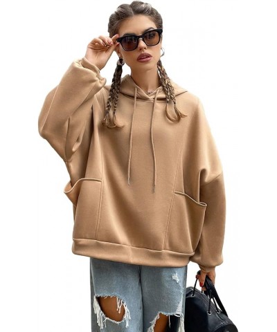 Women's Oversized Drop Shoulder Plain Sweatshirt Thermal Hoodie Pullover With Pockets Camel $7.50 Hoodies & Sweatshirts