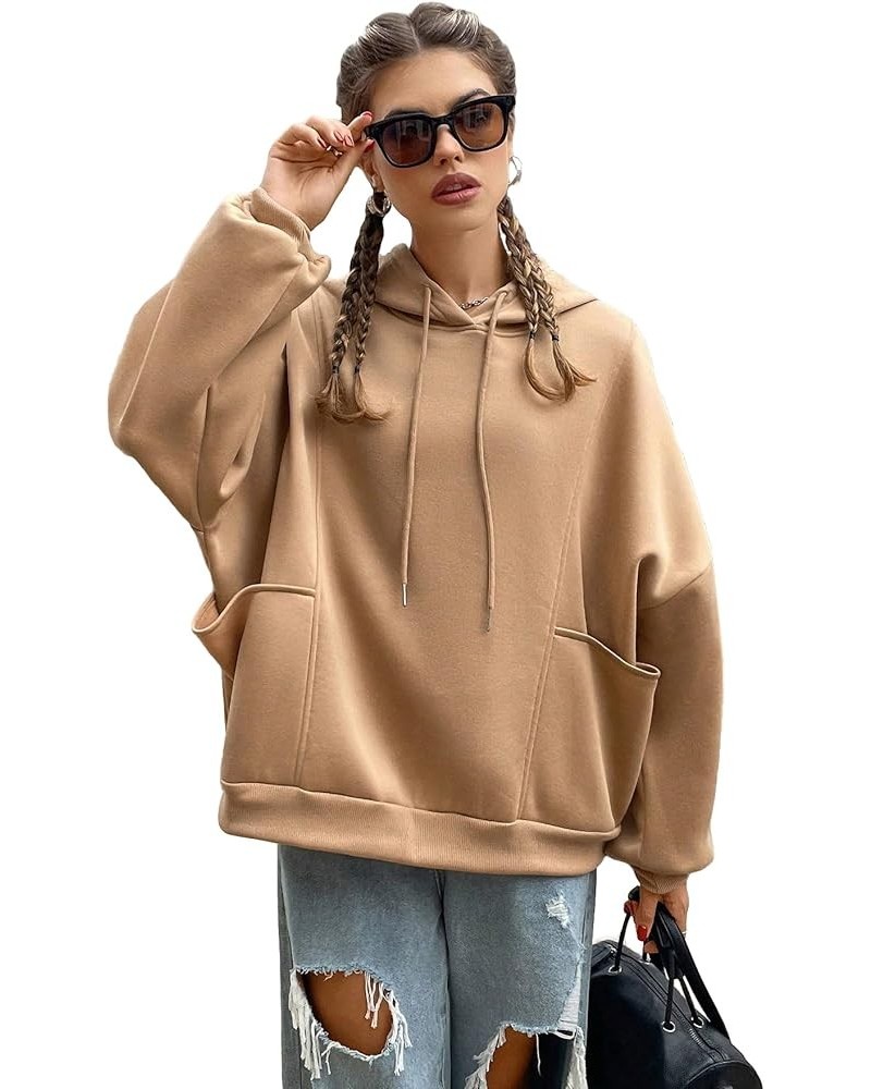 Women's Oversized Drop Shoulder Plain Sweatshirt Thermal Hoodie Pullover With Pockets Camel $7.50 Hoodies & Sweatshirts