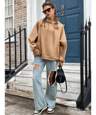 Women's Oversized Drop Shoulder Plain Sweatshirt Thermal Hoodie Pullover With Pockets Camel $7.50 Hoodies & Sweatshirts