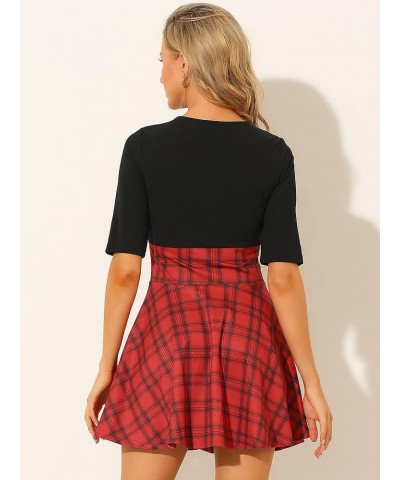 Women's 2023 Valentine's Day Plaid Stitching Round Neck Half Sleeve A-Line Mini Dress Black $14.40 Dresses