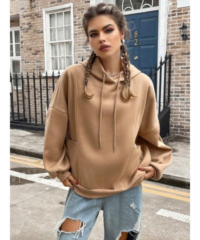 Women's Oversized Drop Shoulder Plain Sweatshirt Thermal Hoodie Pullover With Pockets Camel $7.50 Hoodies & Sweatshirts