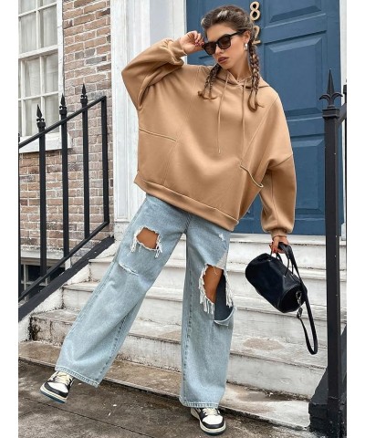 Women's Oversized Drop Shoulder Plain Sweatshirt Thermal Hoodie Pullover With Pockets Camel $7.50 Hoodies & Sweatshirts