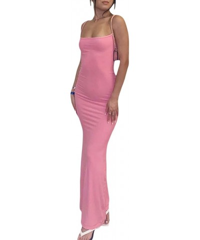 Women Spaghetti Strap Bodycon Maxi Dress Slip Sleeveless Solid Color Square Neck Elegant Long Cami Dresses D Light Pink $12.3...