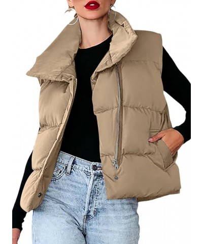 Women's Puffer Vest Lightweight Sleeveless Stand Collar Zip UP Winter Padded Gilet Jacket with Pockets Khaki $9.00 Vests