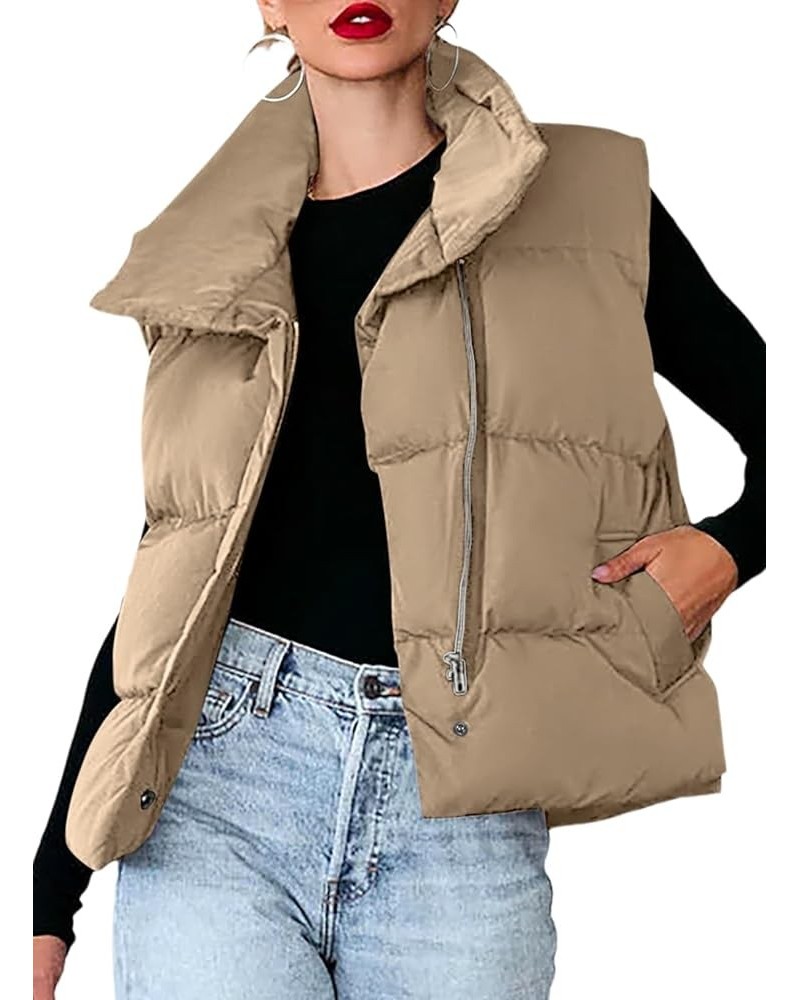 Women's Puffer Vest Lightweight Sleeveless Stand Collar Zip UP Winter Padded Gilet Jacket with Pockets Khaki $9.00 Vests