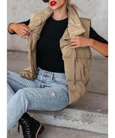 Women's Puffer Vest Lightweight Sleeveless Stand Collar Zip UP Winter Padded Gilet Jacket with Pockets Khaki $9.00 Vests