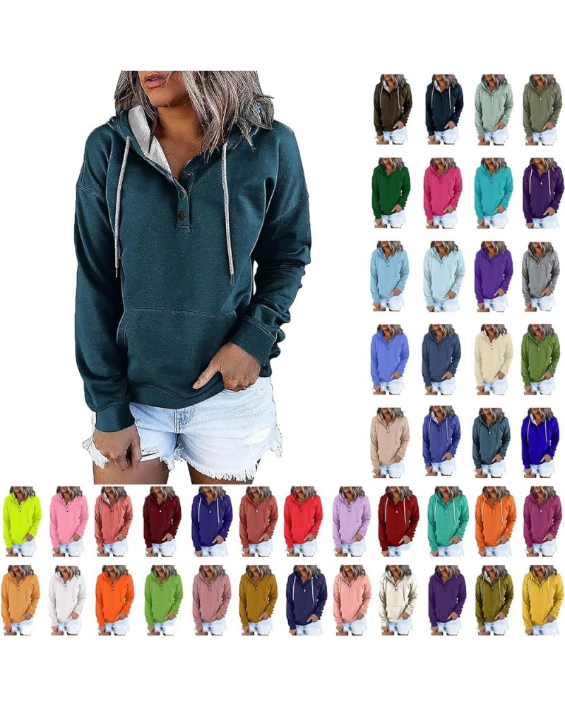 Womens Sweatshirt Fall 2023 Casual Snap Button Drawstring Hoodies Fleece Pullover Long Sleeve Tops Lightweight Pocket A01 Nav...