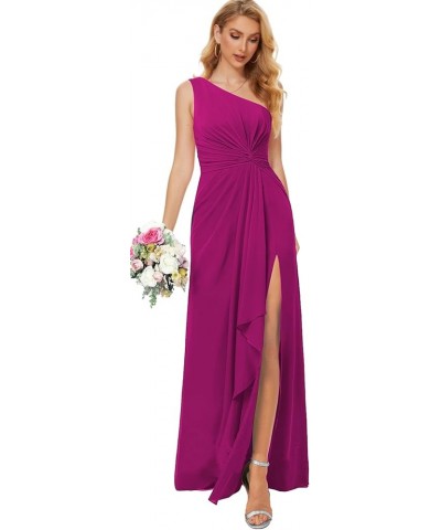 Women's One Shoulder Bridesmaid Dresses for Wedding High Split Formal Dress with Pockets Chiffon Evening Gown Hot Pink $27.30...