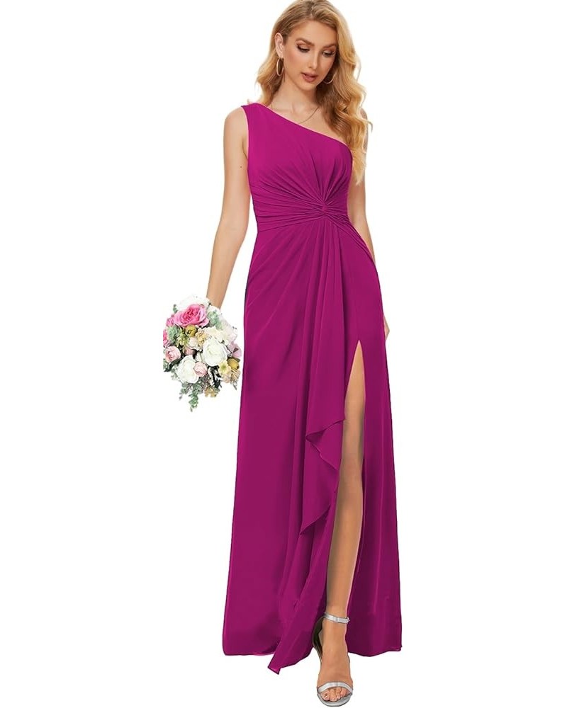 Women's One Shoulder Bridesmaid Dresses for Wedding High Split Formal Dress with Pockets Chiffon Evening Gown Hot Pink $27.30...