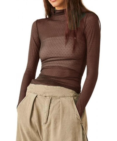 Women Long Sleeve Crop Top Shirts See Through Mesh Tops Turtleneck Slim Fit Basic Y2K Tops Dark Brown $6.26 T-Shirts