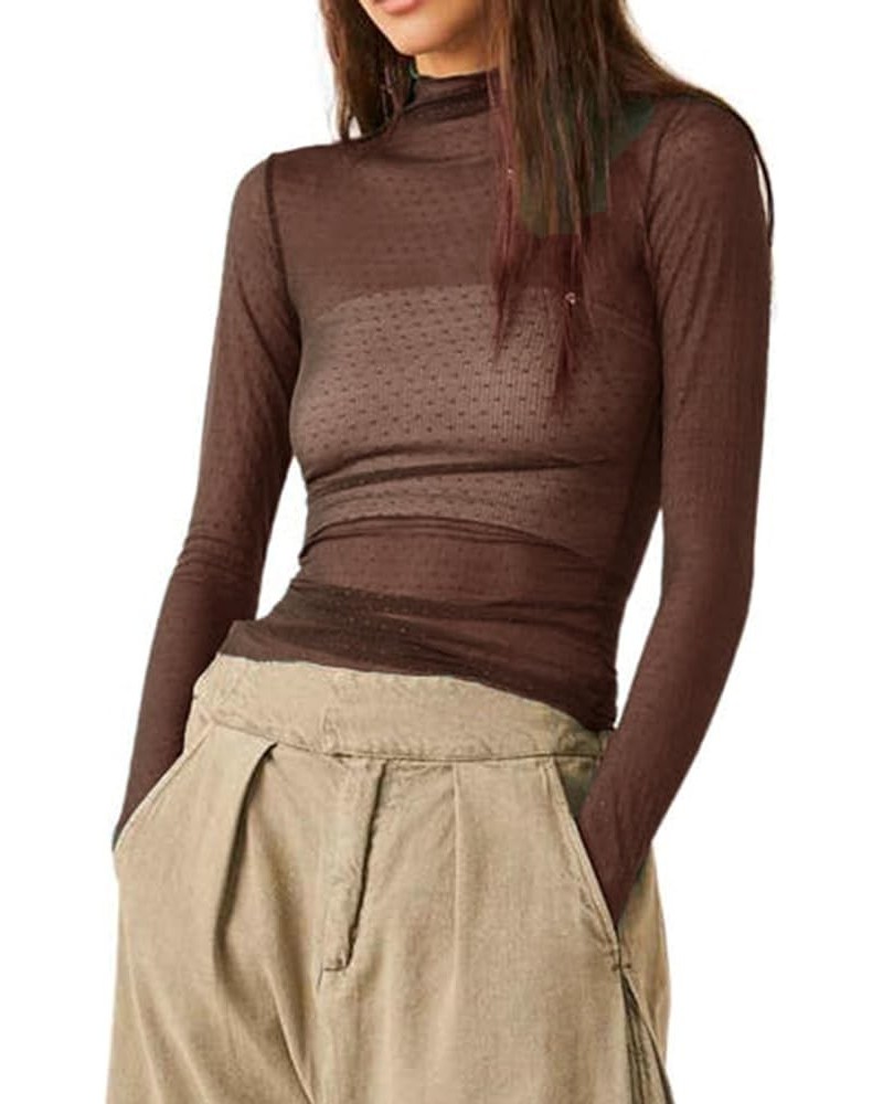 Women Long Sleeve Crop Top Shirts See Through Mesh Tops Turtleneck Slim Fit Basic Y2K Tops Dark Brown $6.26 T-Shirts