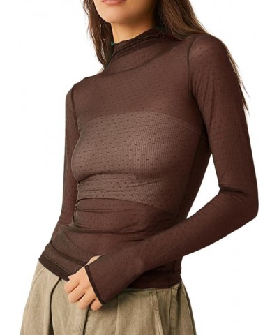 Women Long Sleeve Crop Top Shirts See Through Mesh Tops Turtleneck Slim Fit Basic Y2K Tops Dark Brown $6.26 T-Shirts