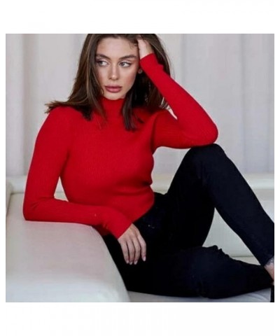 Sweaters for Women Turtleneck Sweater Ribbed Long Sleeve Top Knit Sweater Slim Fitted Basic Casual Tee Tops A-red $8.90 Sweaters