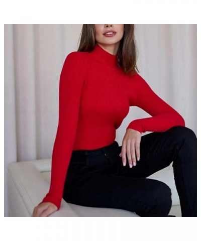 Sweaters for Women Turtleneck Sweater Ribbed Long Sleeve Top Knit Sweater Slim Fitted Basic Casual Tee Tops A-red $8.90 Sweaters