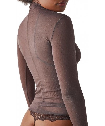 Women Long Sleeve Crop Top Shirts See Through Mesh Tops Turtleneck Slim Fit Basic Y2K Tops Dark Brown $6.26 T-Shirts