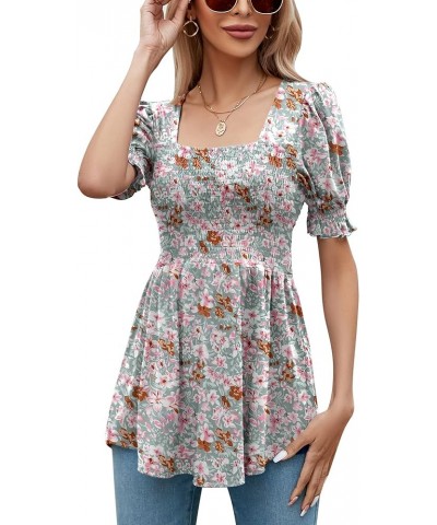 Women's Tunics Square Neck Puff Short Sleeve Smocked Top Ladies Peplum Blouse Tee Shirts 2023 Spring Summer S-XL Green Floral...