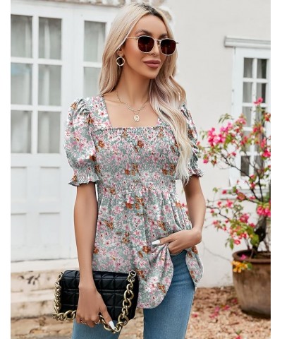 Women's Tunics Square Neck Puff Short Sleeve Smocked Top Ladies Peplum Blouse Tee Shirts 2023 Spring Summer S-XL Green Floral...