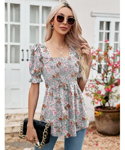 Women's Tunics Square Neck Puff Short Sleeve Smocked Top Ladies Peplum Blouse Tee Shirts 2023 Spring Summer S-XL Green Floral...