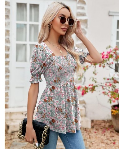 Women's Tunics Square Neck Puff Short Sleeve Smocked Top Ladies Peplum Blouse Tee Shirts 2023 Spring Summer S-XL Green Floral...