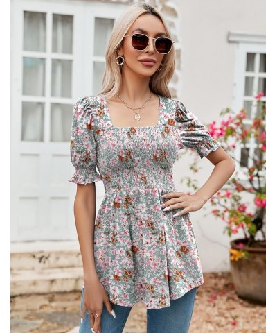 Women's Tunics Square Neck Puff Short Sleeve Smocked Top Ladies Peplum Blouse Tee Shirts 2023 Spring Summer S-XL Green Floral...