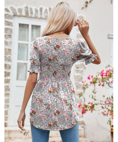 Women's Tunics Square Neck Puff Short Sleeve Smocked Top Ladies Peplum Blouse Tee Shirts 2023 Spring Summer S-XL Green Floral...