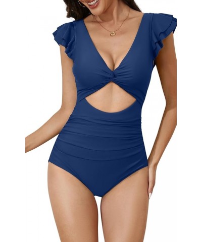 Women's Tummy Control One Piece Swimsuit High Waisted V Neck Bathing Suits Cutout Ruffle Ruched 1 Piece Swimwear Navy Blue $1...