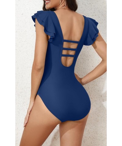 Women's Tummy Control One Piece Swimsuit High Waisted V Neck Bathing Suits Cutout Ruffle Ruched 1 Piece Swimwear Navy Blue $1...