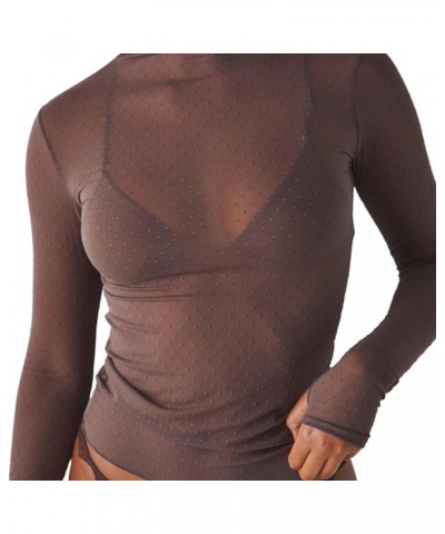 Women Long Sleeve Crop Top Shirts See Through Mesh Tops Turtleneck Slim Fit Basic Y2K Tops Dark Brown $6.26 T-Shirts