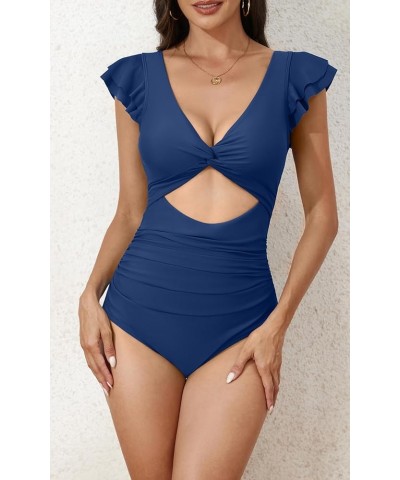 Women's Tummy Control One Piece Swimsuit High Waisted V Neck Bathing Suits Cutout Ruffle Ruched 1 Piece Swimwear Navy Blue $1...