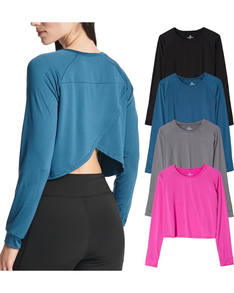 4 Pack: Women's Dry-Fit Long Sleeve Petal Back Crop Top - Athletic Cropped Tee (Available in Plus Size) plus-size Set 4 $26.0...