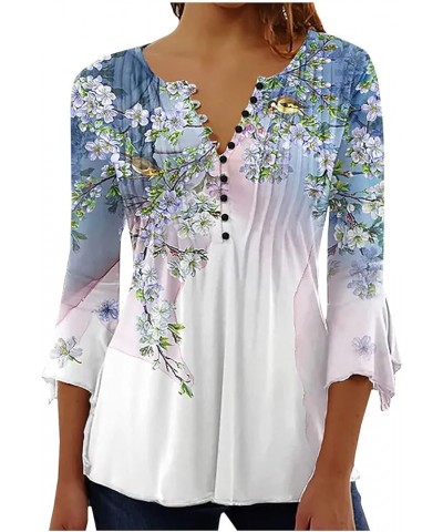 Summer Shirts for Women 2024 Trendy Floral Print Boho T-Shirt Quarter Button Down T Shirts Pleated 3/4 Sleeve Tops Alight Blu...