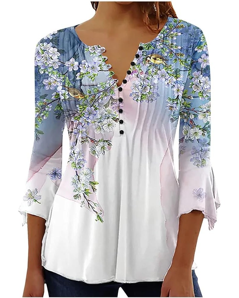 Summer Shirts for Women 2024 Trendy Floral Print Boho T-Shirt Quarter Button Down T Shirts Pleated 3/4 Sleeve Tops Alight Blu...