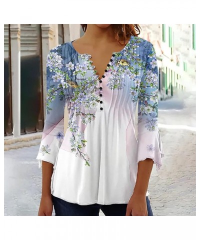 Summer Shirts for Women 2024 Trendy Floral Print Boho T-Shirt Quarter Button Down T Shirts Pleated 3/4 Sleeve Tops Alight Blu...