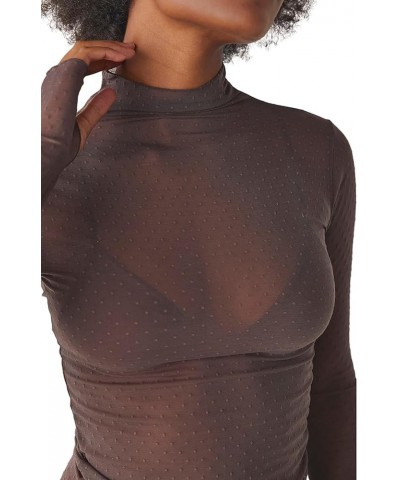 Women Long Sleeve Crop Top Shirts See Through Mesh Tops Turtleneck Slim Fit Basic Y2K Tops Dark Brown $6.26 T-Shirts