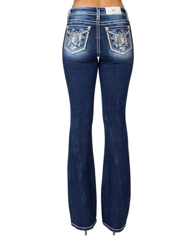 Women's Mid-Rise Floral Longhorn and Saddle Stitch Embellished Pockets Bootcut Jeans Dark Blue $39.43 Jeans