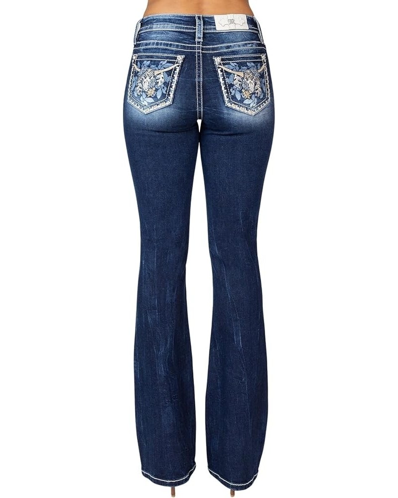 Women's Mid-Rise Floral Longhorn and Saddle Stitch Embellished Pockets Bootcut Jeans Dark Blue $39.43 Jeans