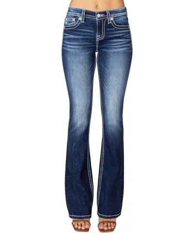 Women's Mid-Rise Floral Longhorn and Saddle Stitch Embellished Pockets Bootcut Jeans Dark Blue $39.43 Jeans