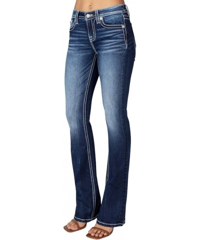 Women's Mid-Rise Floral Longhorn and Saddle Stitch Embellished Pockets Bootcut Jeans Dark Blue $39.43 Jeans