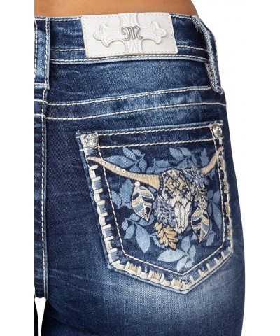 Women's Mid-Rise Floral Longhorn and Saddle Stitch Embellished Pockets Bootcut Jeans Dark Blue $39.43 Jeans