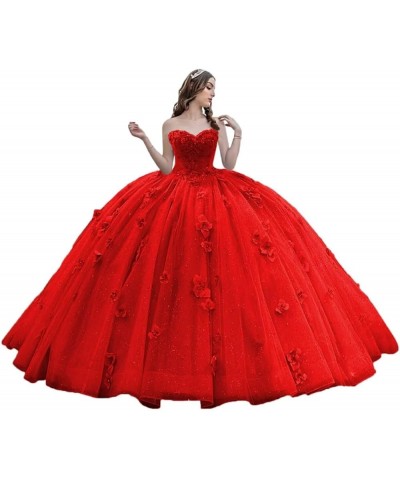 Princess Sweetheart Quinceanera Dresses Floral Lace Ball Gown Gliter Beaded Prom Dresses Red $54.06 Dresses