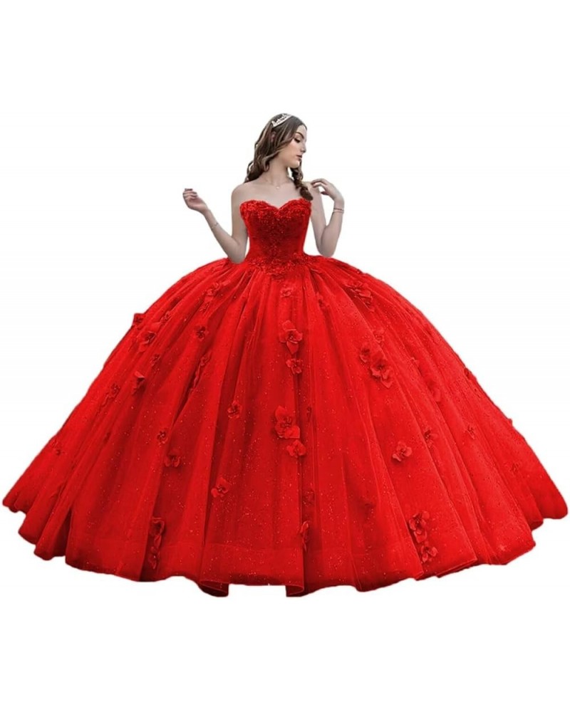 Princess Sweetheart Quinceanera Dresses Floral Lace Ball Gown Gliter Beaded Prom Dresses Red $54.06 Dresses