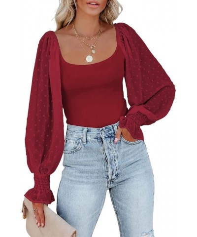 Women Square Neck Puff Long Sleeve Bodysuit Jumpsuit Off Shoulder Leotard Sheer Polka Dot Sleeve Shirts Tops Wine Red $9.99 B...