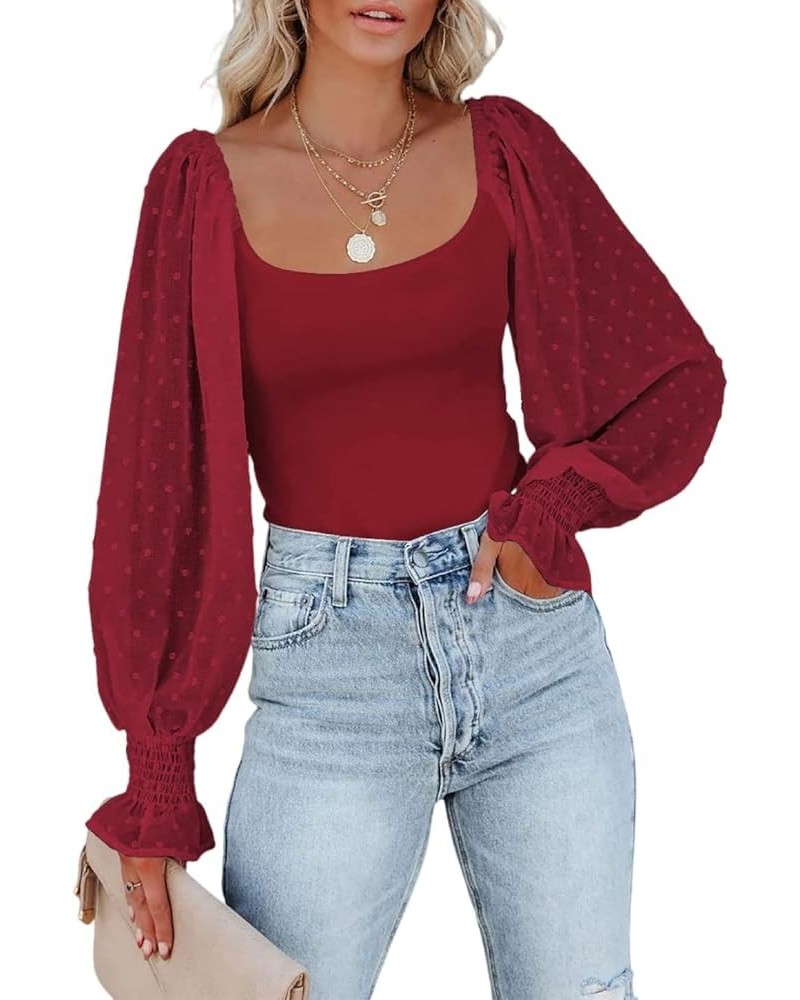 Women Square Neck Puff Long Sleeve Bodysuit Jumpsuit Off Shoulder Leotard Sheer Polka Dot Sleeve Shirts Tops Wine Red $9.99 B...